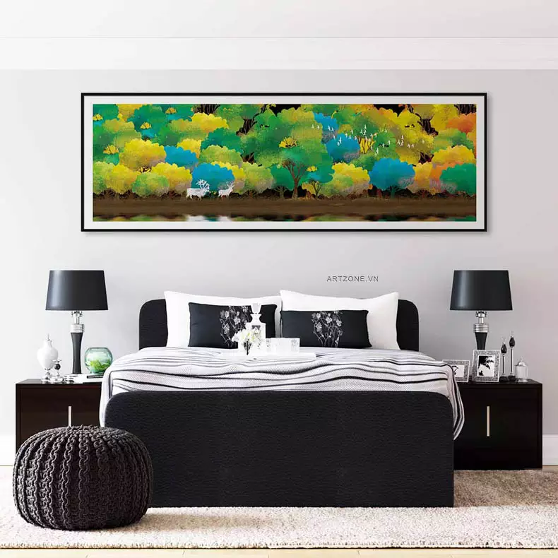 Tranh phong cảnh Rừng cây và đàn hươu in trên Vải Canvas