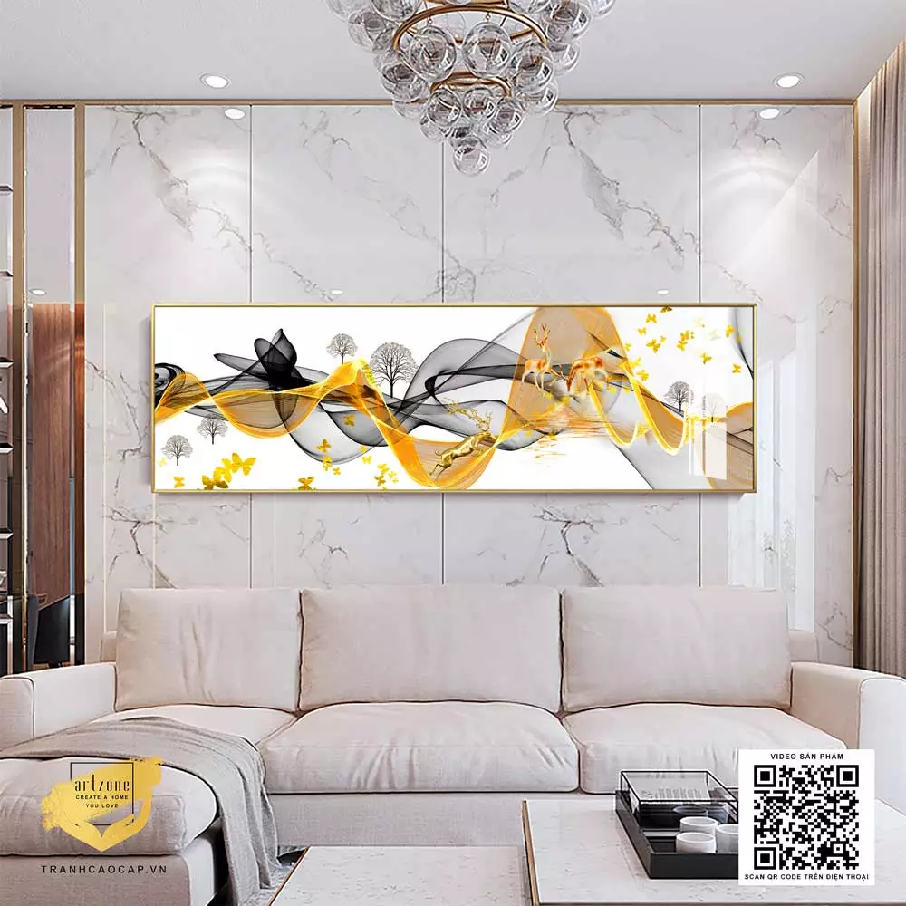 Tranh phong cảnh Hươu vàng và đàn bướm xinh in trên Vải Canvas