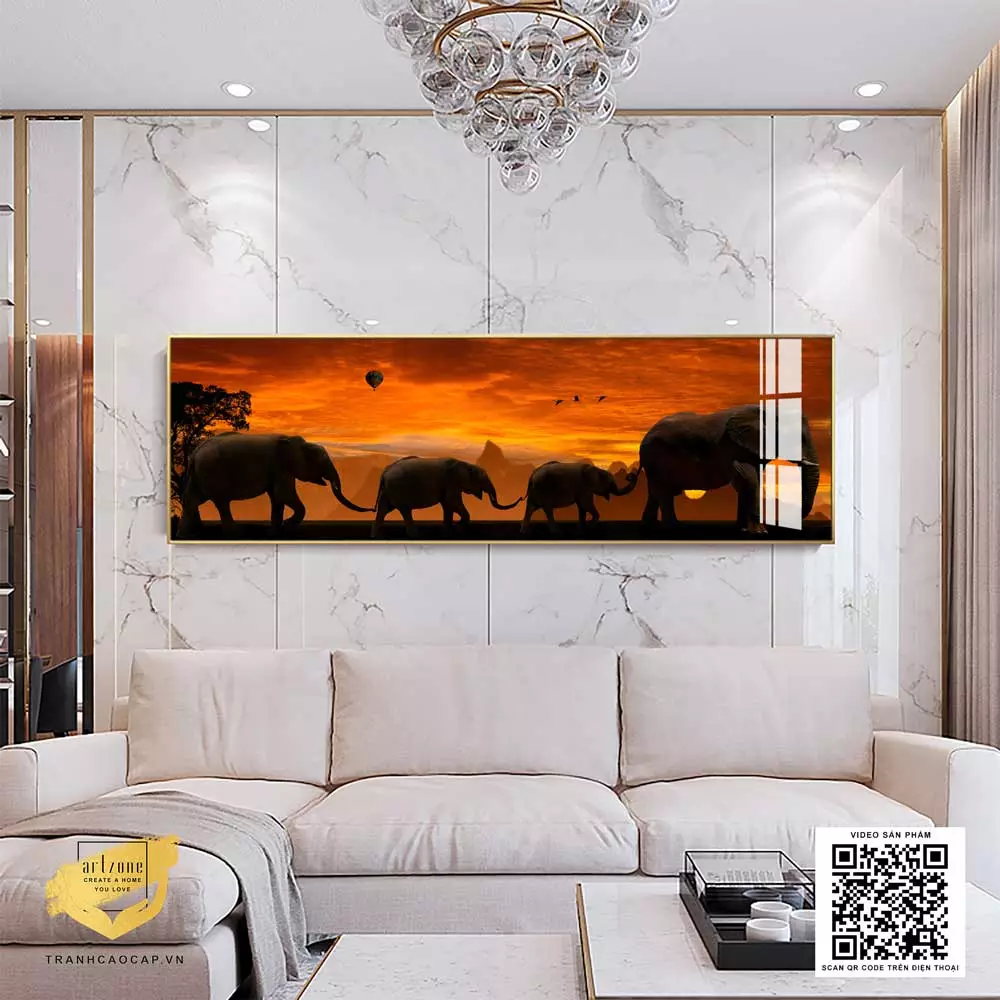 Tranh phong cảnh Đàn voi di chuyển dưới ánh hoàng hôn in trên Vải Canvas