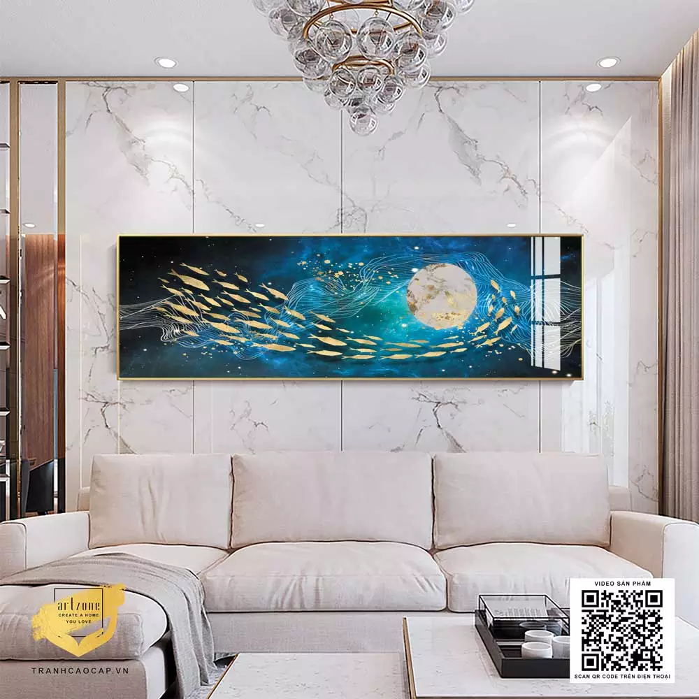 Tranh phong cảnh Đàn cá vàng dưới ánh trăng in trên Vải Canvas