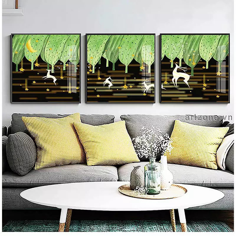 Tranh hoa lá Bóng gương Mẫu tranh Hươu và rừng vàng siêu thực in trên Vải Canvas
