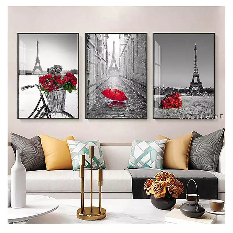 Tranh bóng gương Bắc âu Mẫu tranh Tháp Eiffel và hoa hồng in trên Vải Canvas