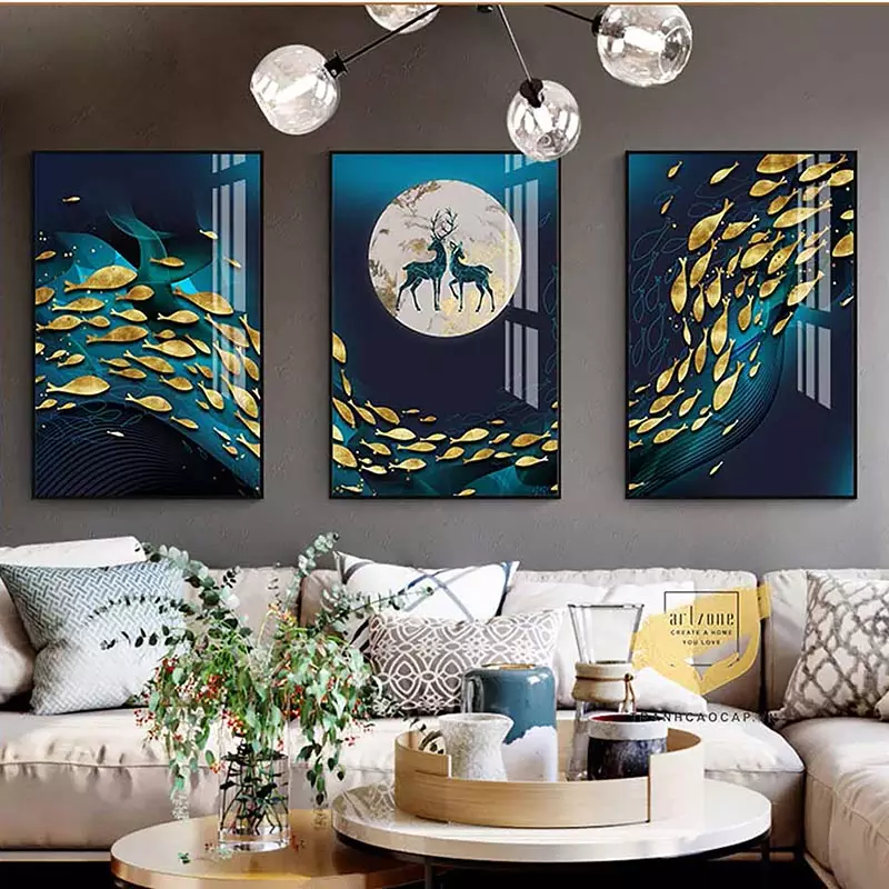 Tranh bóng gương bền Mẫu tranh Hươu nai và đàn cá vàng dưới ánh trăng