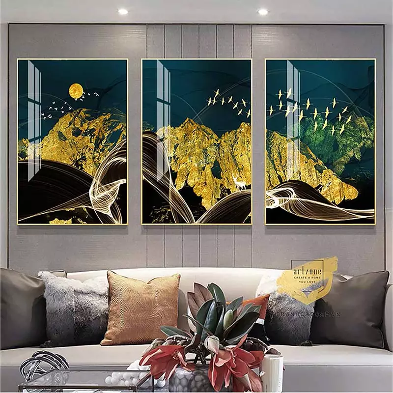 Tranh bóng gương Chất lượng Mẫu tranh Núi vàng và đàn chim trời dưới ánh trăng