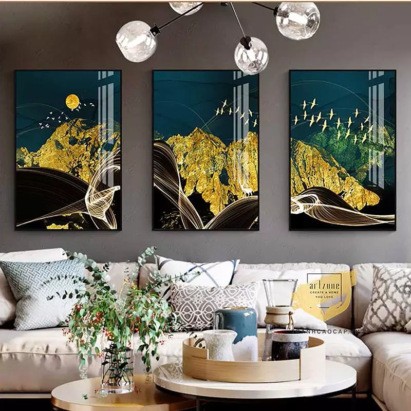 Tranh bóng gương Chất lượng Mẫu tranh Núi vàng và đàn chim trời dưới ánh trăng