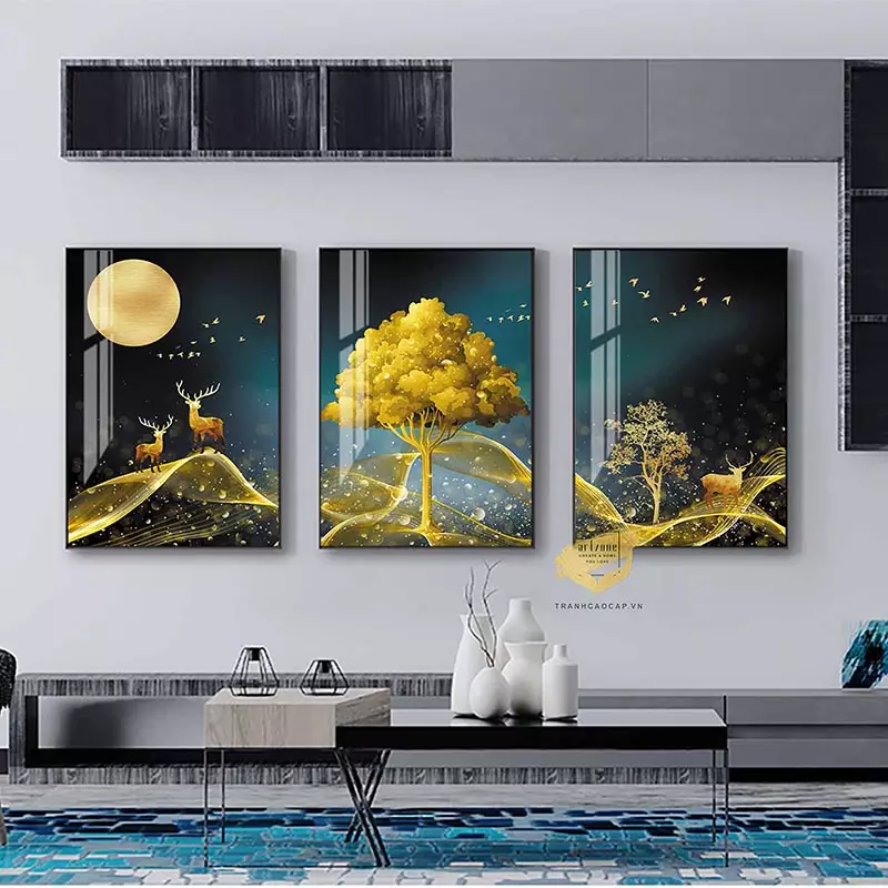 Nội dung Tranh bóng gương đẹp Mẫu tranh Hươu vàng trên đỉnh núi và đàn chim dưới ánh trăng