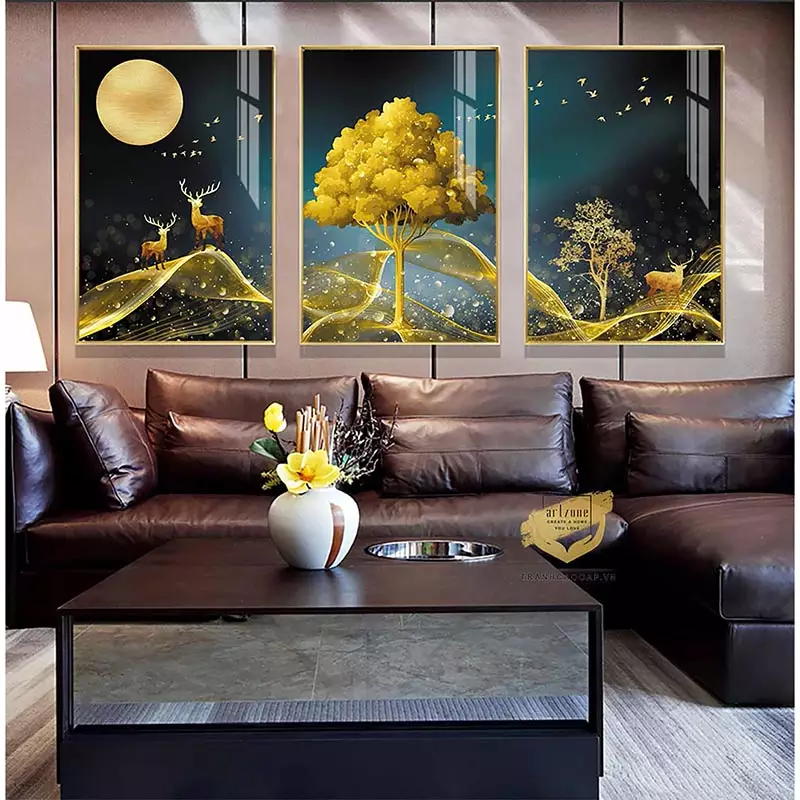 Tranh bóng gương đẹp Mẫu tranh Hươu vàng trên đỉnh núi và đàn chim dưới ánh trăng