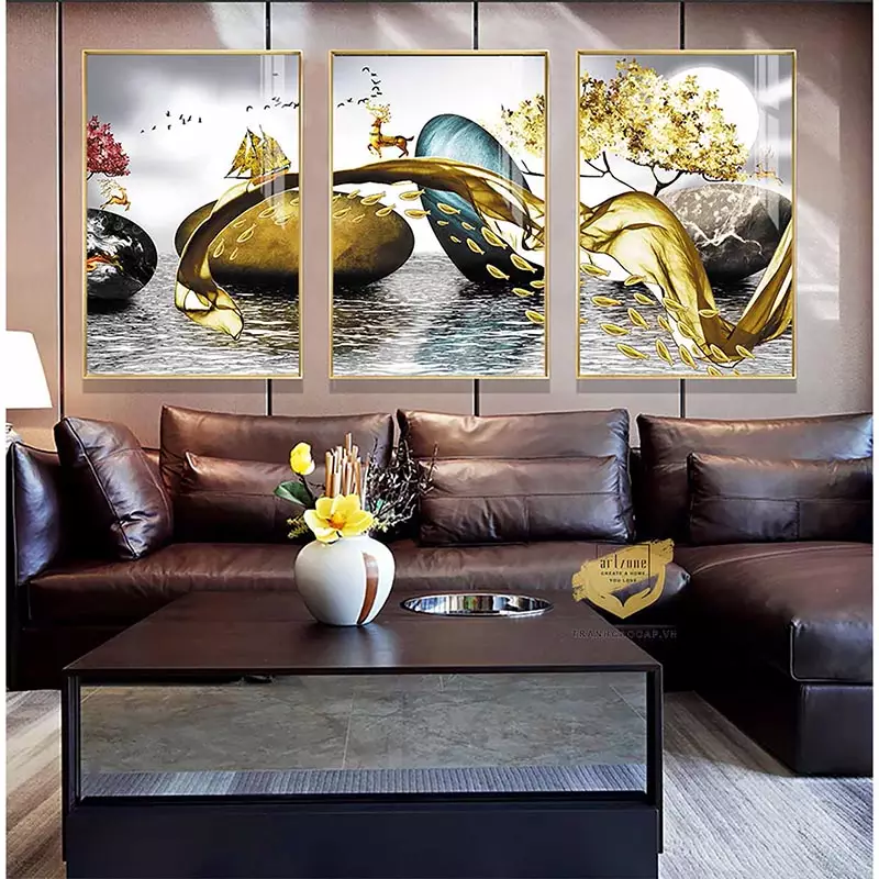 Tranh bóng gương hiện đại Mẫu tranh Hươu vàng bên đàn cá