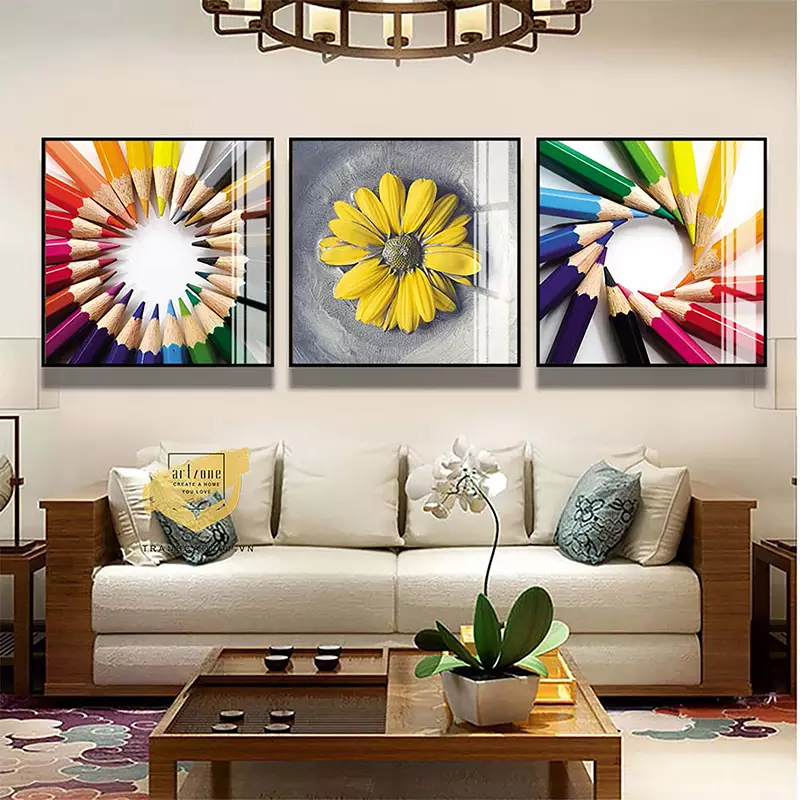 Tranh hoa lá Bóng gương Mẫu tranh Hoa cúc bảy sắc màu in trên Vải Canvas