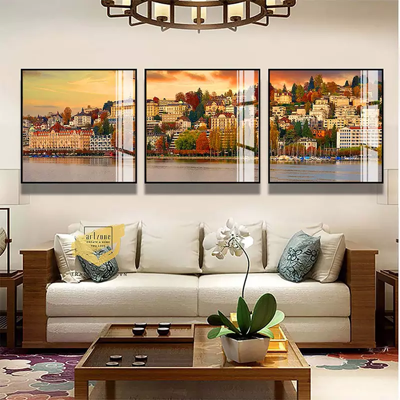 Tranh bóng gương tinh tế Mẫu tranh Thành phố sắc màu ven sông in trên Vải Canvas
