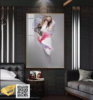 Tranh treo tường Decor Quán Cafe chân dung thiếu nữ in trên Mica Đài loan đẹp 80X120 cm P/N: AZ1-0867-KN-MICA-80X120