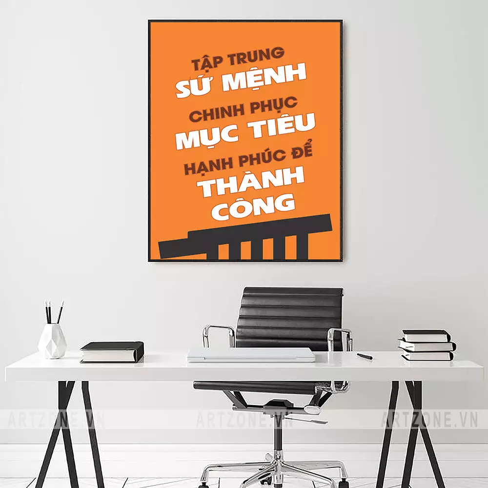 Tranh treo văn phòng động lực - Tập trung sứ mệnh, chinh phục mục tiêu, hạnh phúc để thành công
