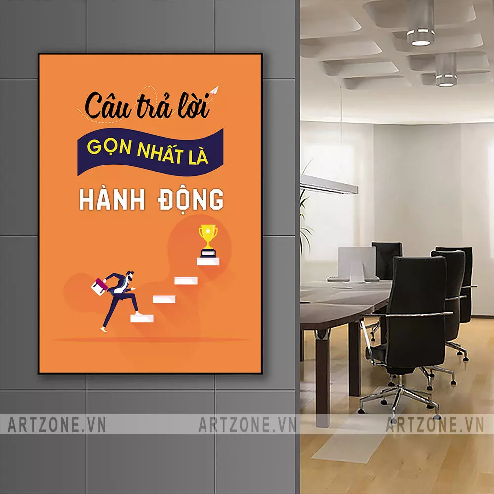 Tranh slogan 'Câu trả lời gọn nhất là hành động' trang trí phòng họp