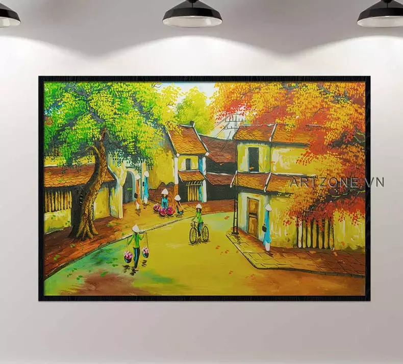 Tranh Hà Nội Xưa AZ1-0036-MICA trong không gian tối giản