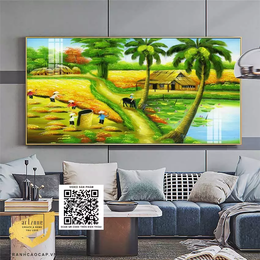 Hình ảnh cánh đồng lúa chín trong tranh làng quê