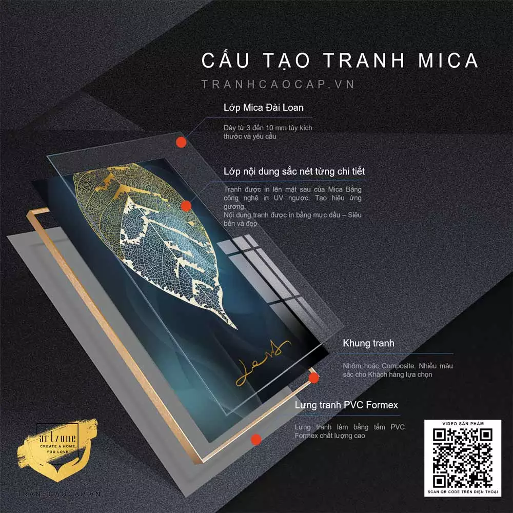 Tranh hoa lá mica chiếc lá vàng hoàng kim