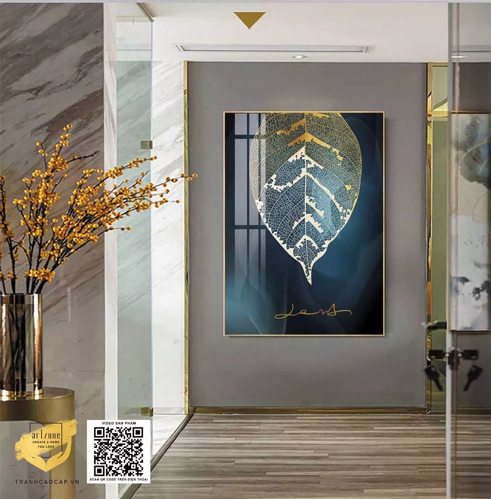 Tranh mica chiếc lá vàng hoàng kim với khung composite