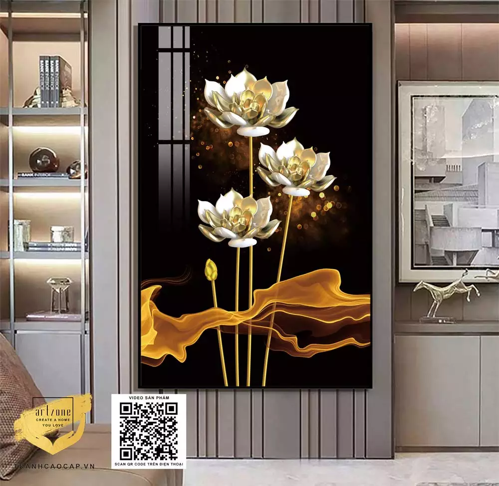 Tranh hoa sen vàng hoàng kim 3D trang trí phòng thờ