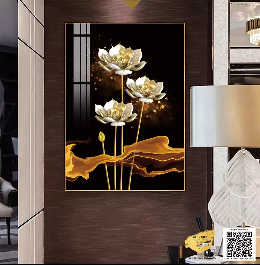 Tranh hoa sen vàng hoàng kim 3D trang trí phòng khách sang trọng