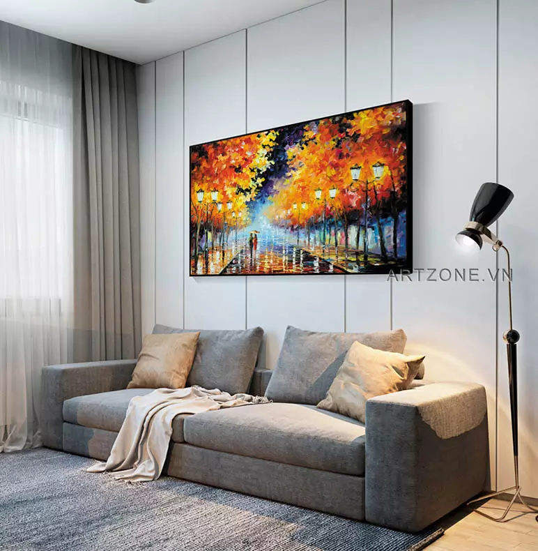 Tranh Bến Đi Dưới Mưa trong không gian làm việc