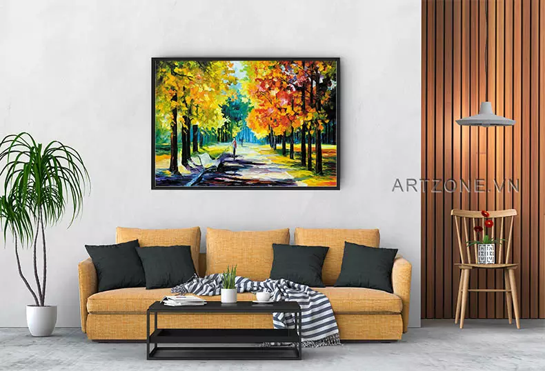 Tranh sơn dầu Hà Nội buổi sáng trên lối nhỏ bình yên, khung nhôm