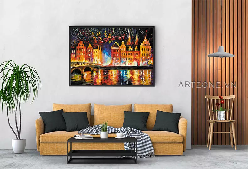 Ánh sáng và bóng tối tạo nên chiều sâu cho bức tranh Chi tiết ánh sáng trong tranh Đêm Trên Phố Cổ Ven Sông