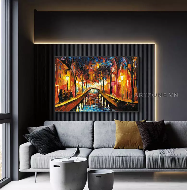Bức tranh Đêm Trên Kênh Nhỏ Amsterdam trong không gian nội thất