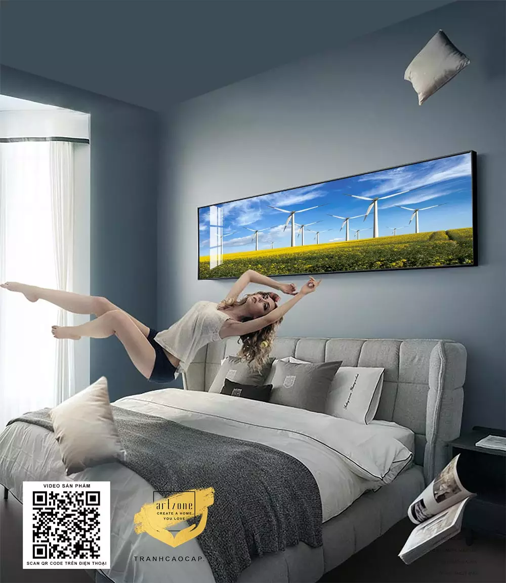 Tranh treo phòng ngủ phong cảnh đồng hoa và cối xay gió