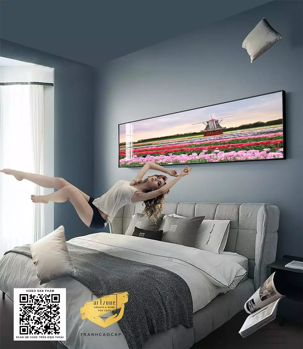 Tranh phong cảnh đồng hoa cối xay gió khung nhôm