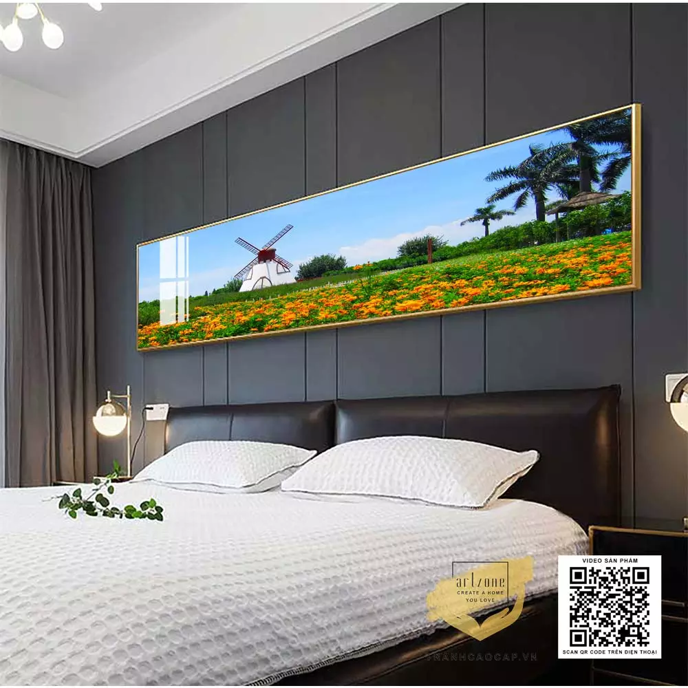 Treo tranh trên đầu giường tạo điểm nhấn cho phòng ngủ
