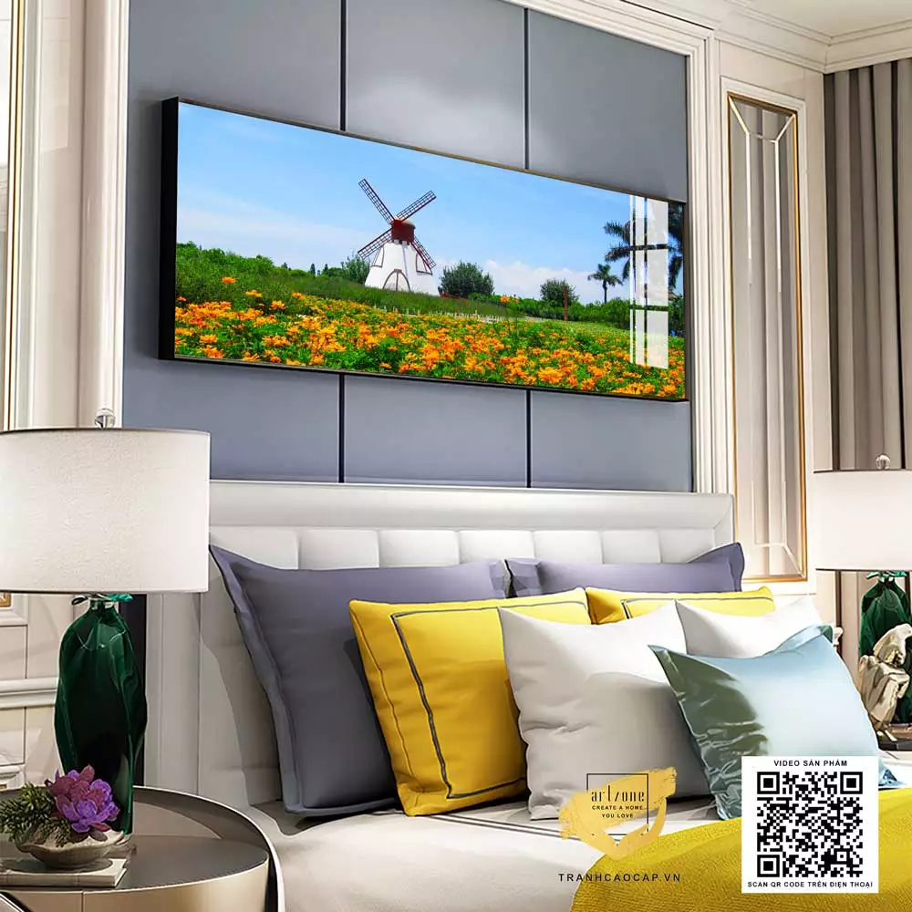 Tranh cảnh đồng hoa và cối xay gió