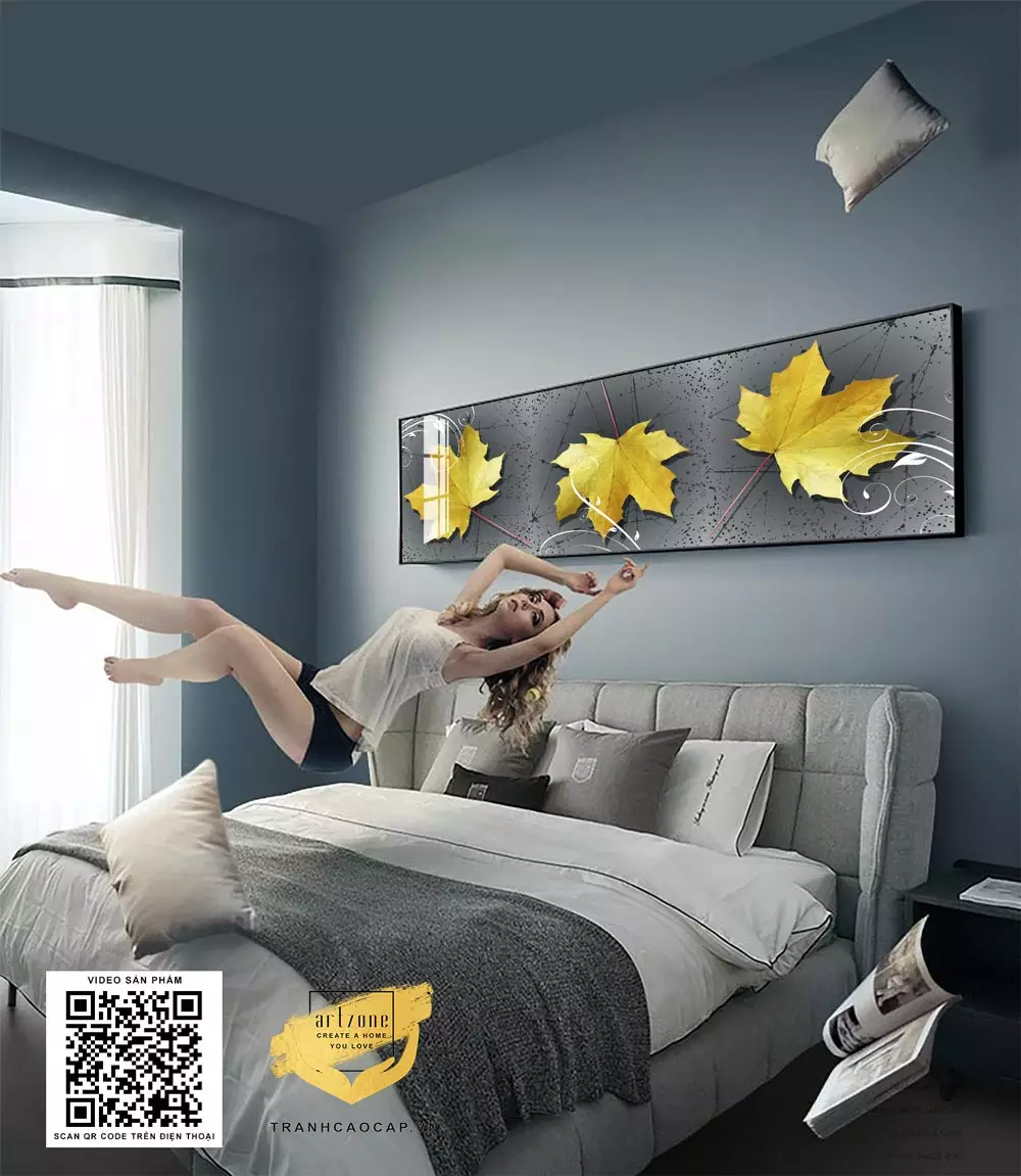 Tranh treo tường chiếc lá mùa thu kết hợp hài hòa với không gian nội thất