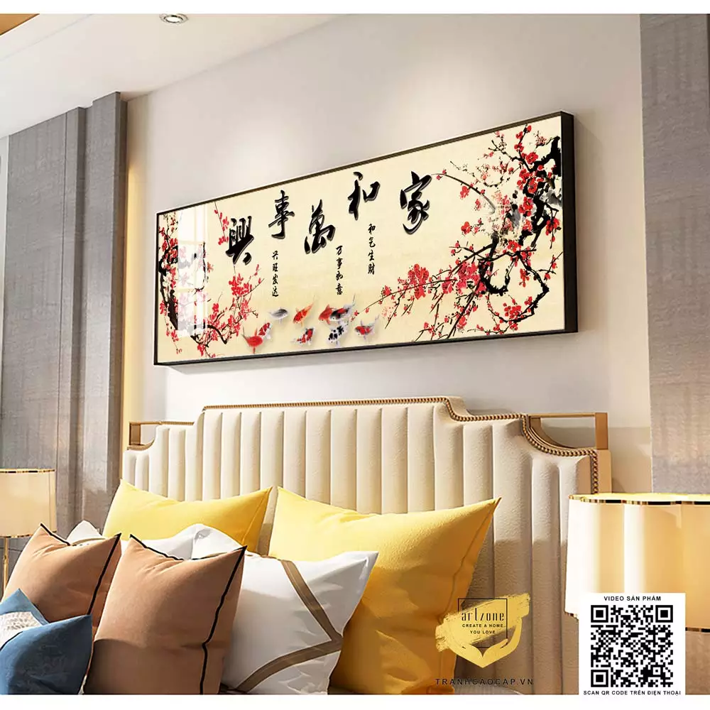 Bức tranh Cửu Ngưu Quán Hội với màu sắc tươi sáng, phù hợp với nhiều phong cách nội thất