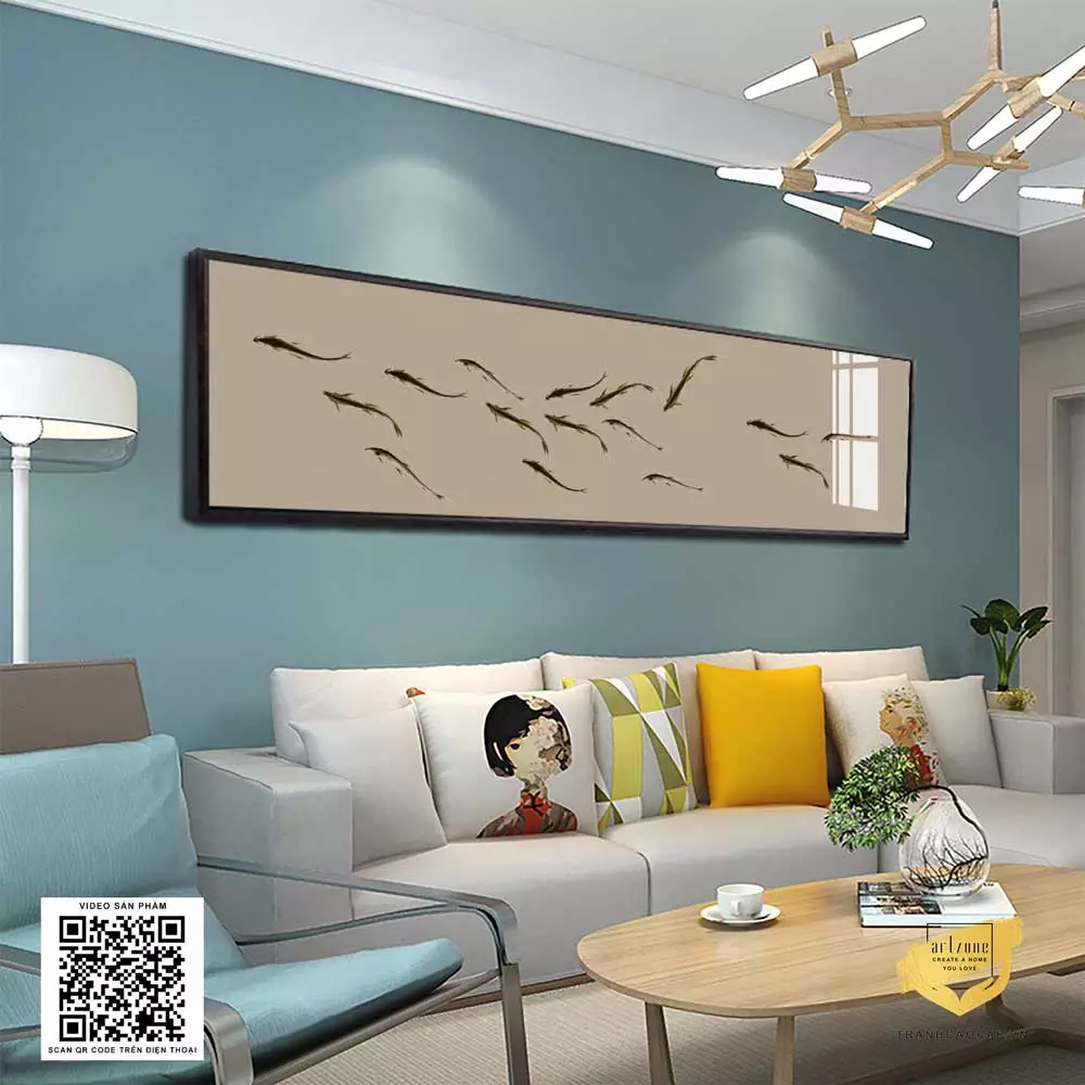 Không gian phòng ngủ ấm cúng với bức tranh Phong Cảnh Dần Cá Quý Tủ