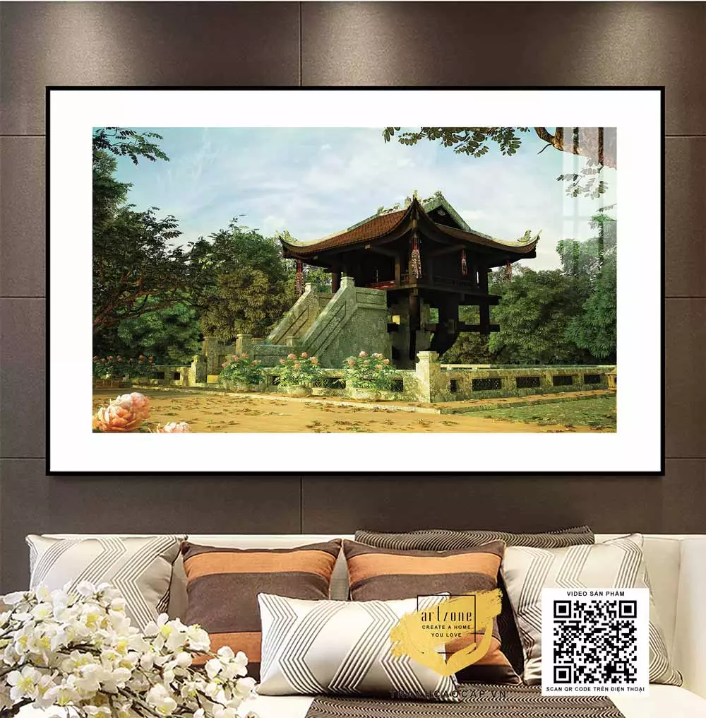 Không gian phòng khách trang nhã với tranh Hà Nội xưa