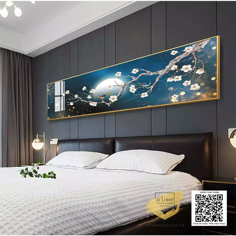 Tranh hoa đào dưới ánh trăng