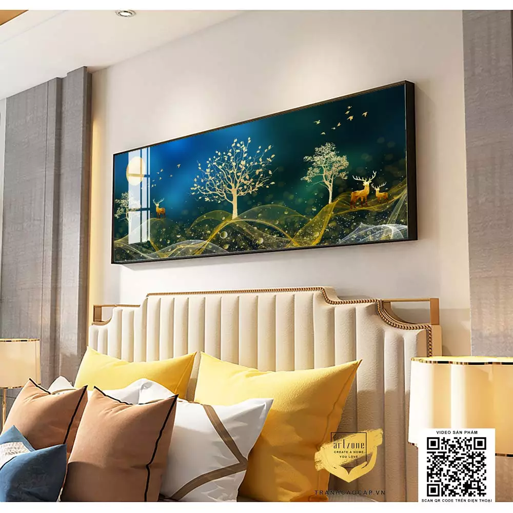 Chi tiết tranh hươu vàng trên đỉnh núi
