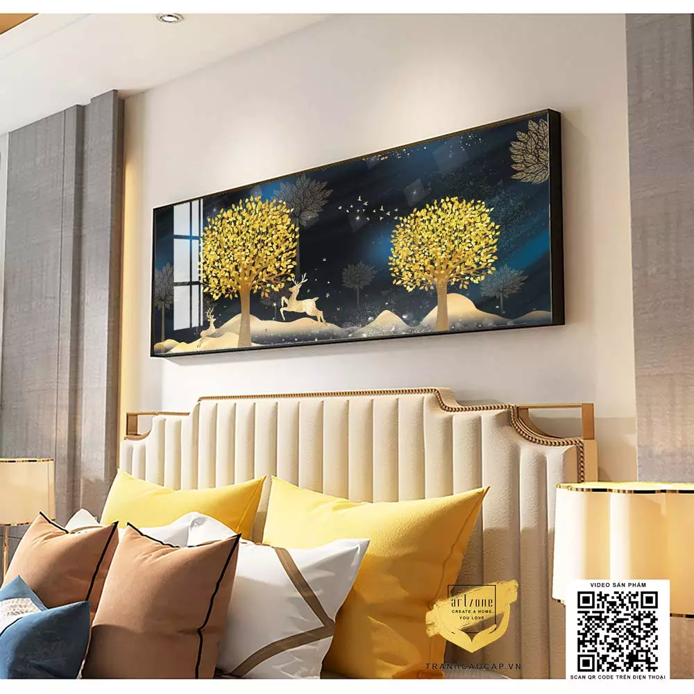 Chi tiết tranh hươu vàng và chim trời