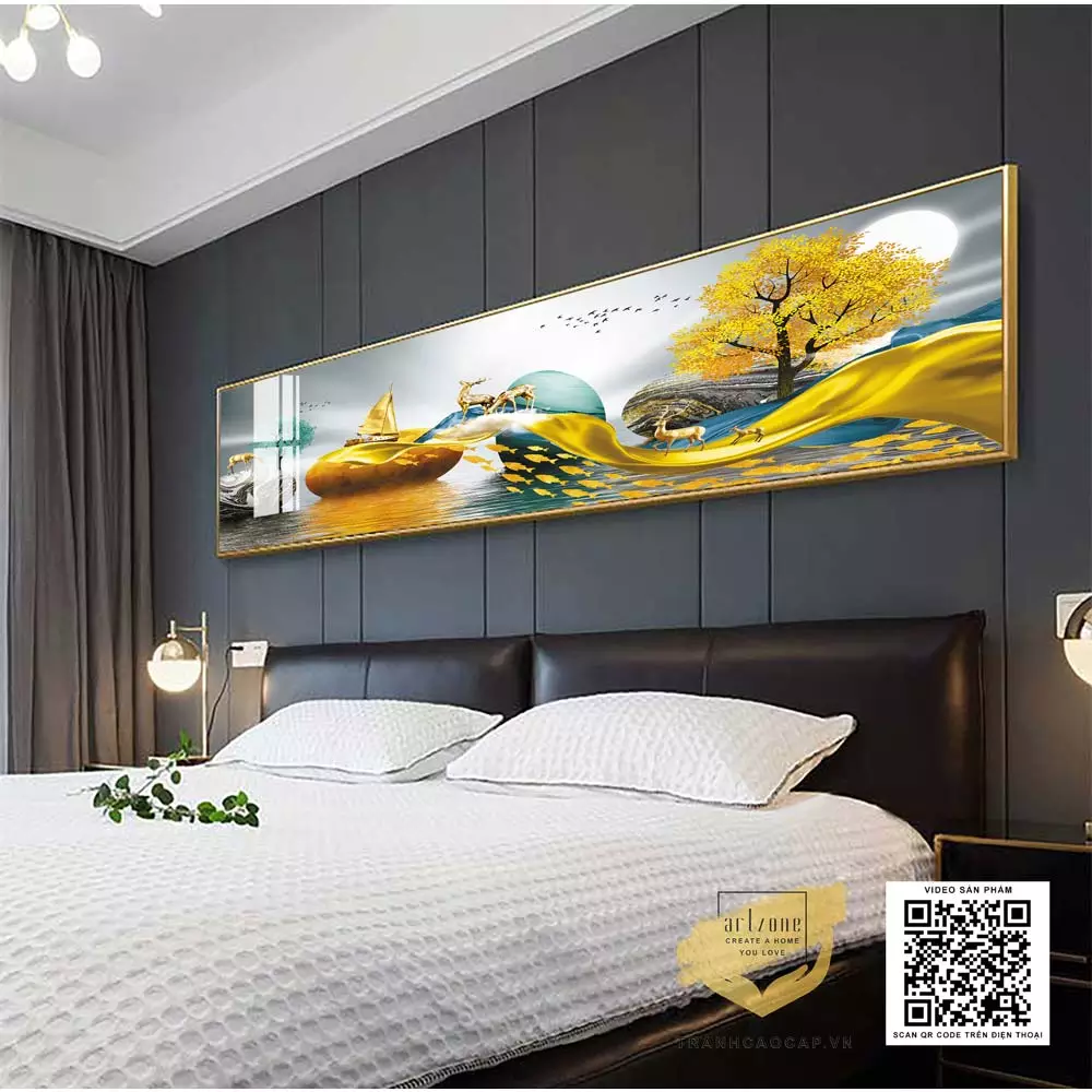 Bức tranh Mica phong cảnh hươu vàng và đàn chim bay