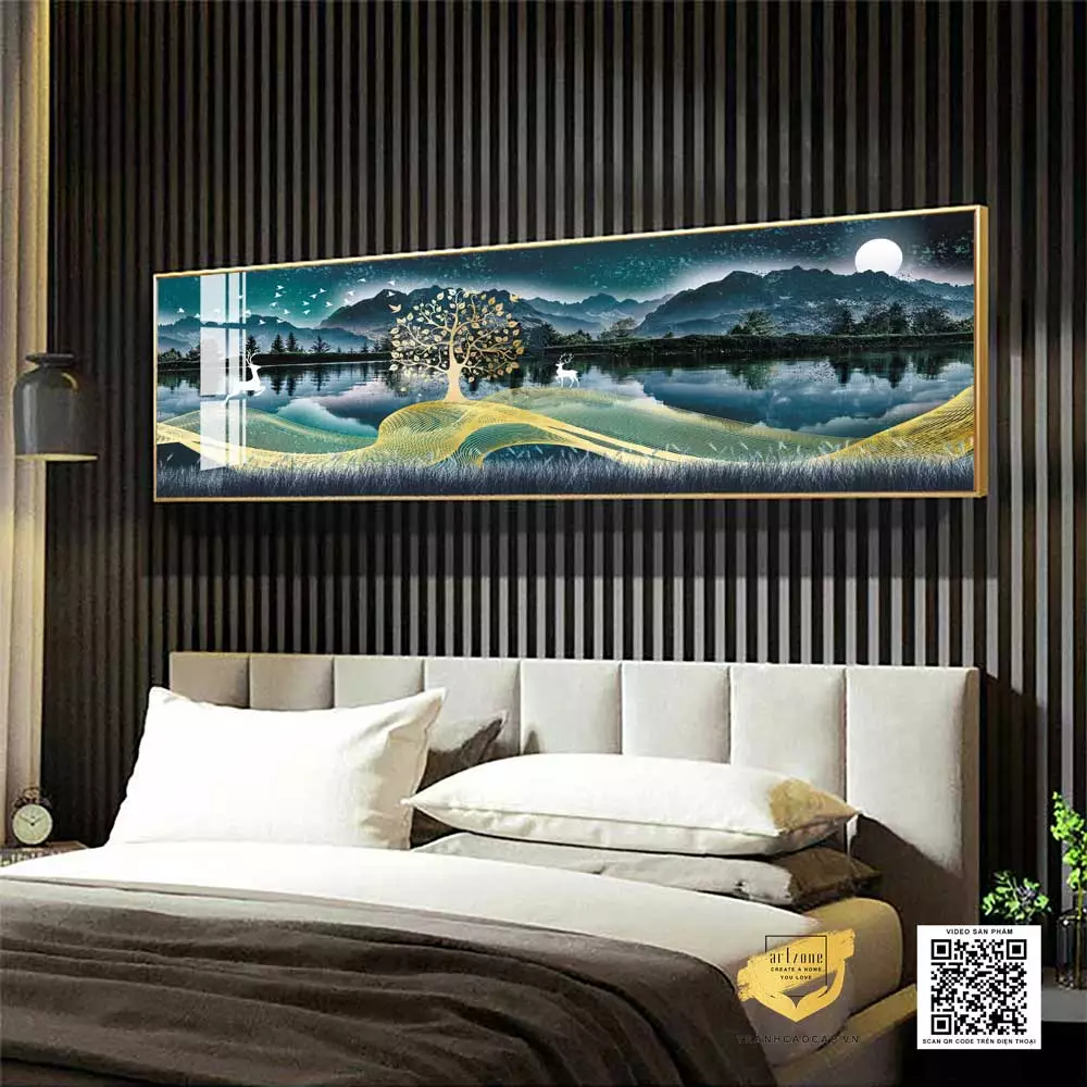Tranh Mica Phong cảnh hươu vàng và đàn chim treo phòng ngủ đẹp