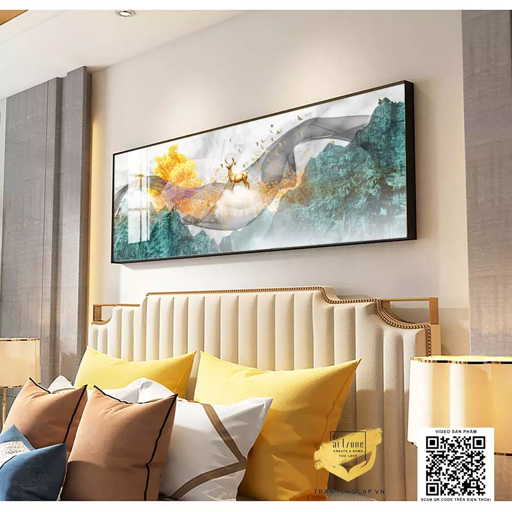 Tranh treo phòng ngủ phong cảnh hươu vàng và đàn chim