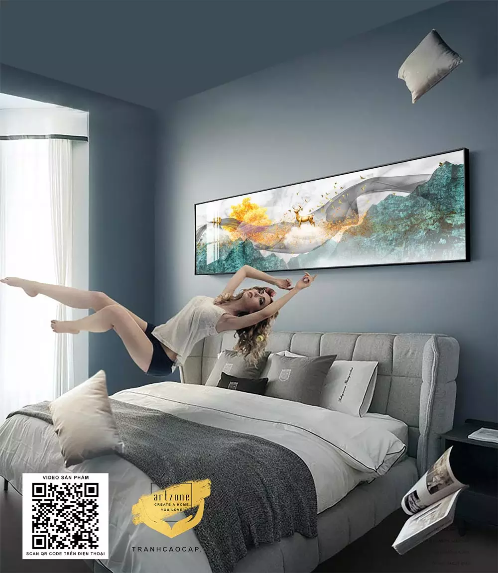 Tranh treo phòng ngủ phong cảnh hươu vàng và đàn chim
