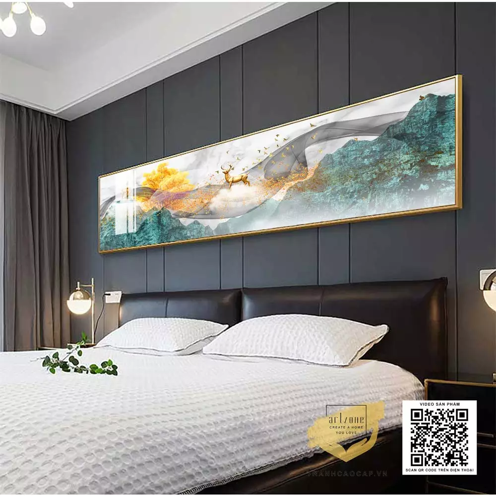 Tranh treo phòng ngủ phong cảnh hươu vàng và đàn chim