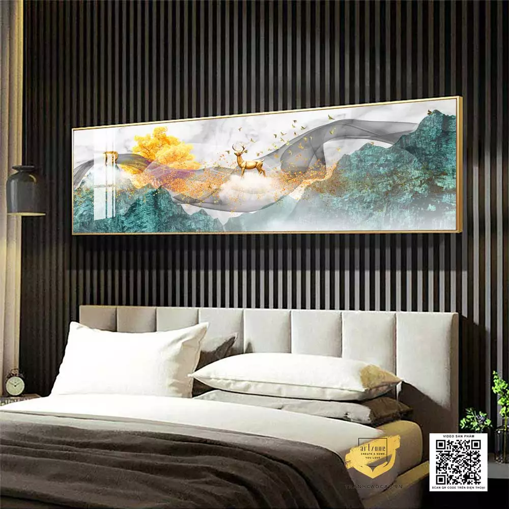Tranh treo phòng ngủ phong cảnh hươu vàng và đàn chim