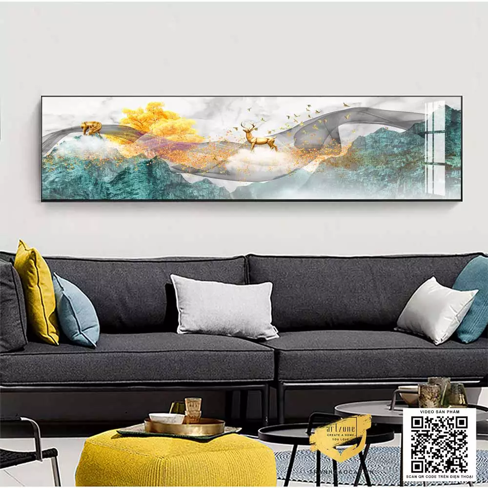 Bức tranh phong cảnh hươu vàng và đàn chim AZ1-0696-MICA - Lựa chọn hoàn hảo cho phòng ngủ