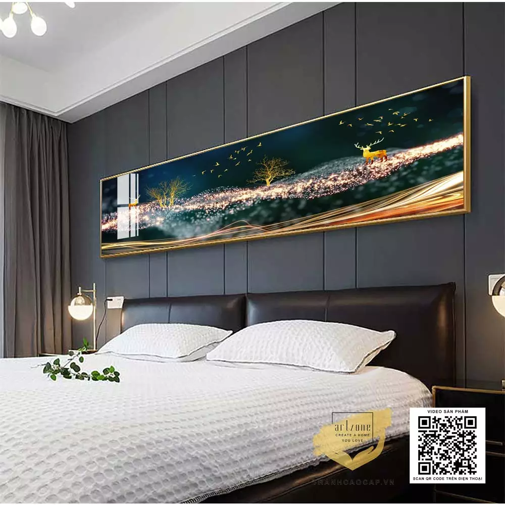 Tranh phong cảnh hươu vàng và đàn chim trong rừng đom đóm