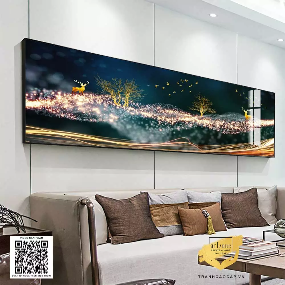 Tranh Mica Phong cảnh hươu vàng và đàn chim trong rừng đom đóm
