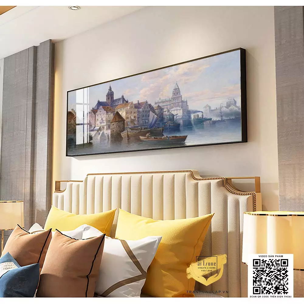 Chi tiết tranh phong cảnh làng quê ven sông AZ1-0596-MICA