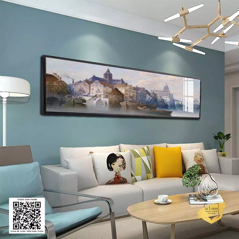 Không gian phòng ngủ với tranh phong cảnh làng quê ven sông AZ1-0596-MICA