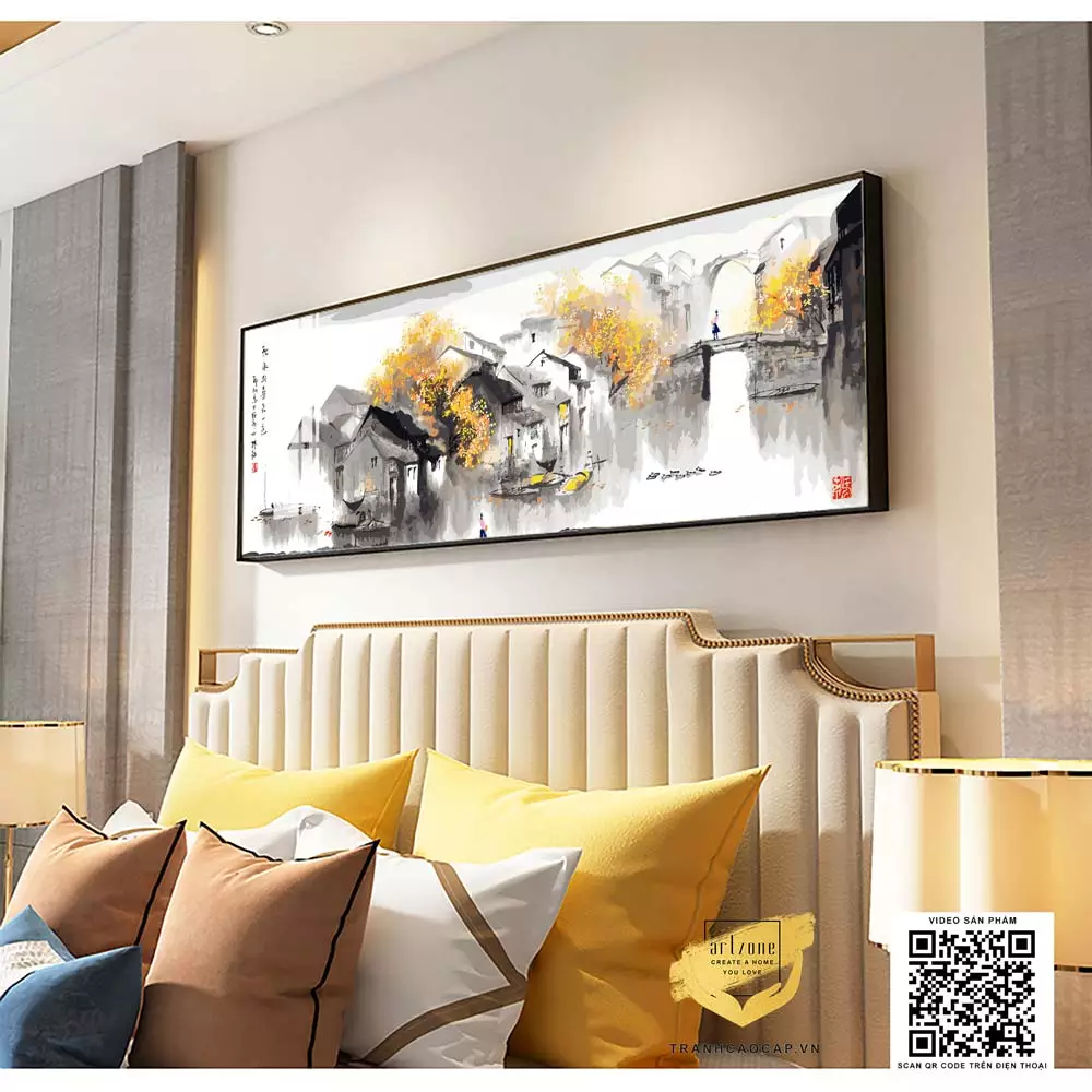 Chi tiết tranh phong cảnh làng cổ ven sông